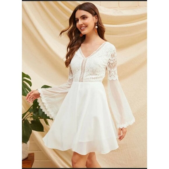 Womens Size Small Boho Hippie Fairy Cottagecore Flare Sleeve Mini Dress White - Picture 2 of 16